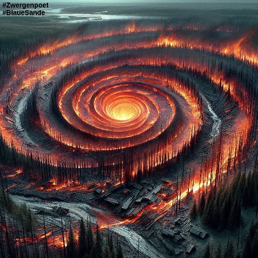 Die breite Feuerschneise aus verbrannter Natur und zerstörten Dörfern beschreibt eine großflächige Spirale, in deren Mittelpunkt es mit rotem Glühen brodelt.
